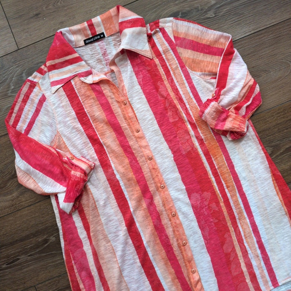 David Cline Button Down Shirt Red‎ Orange Striped Floral Roll Tab Snap Medium